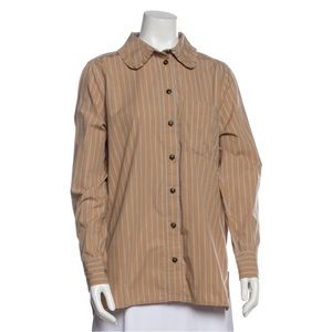 GANNI Striped Poplin Button Down Shirt Brown Organic Cotton w ruffle collar sz44